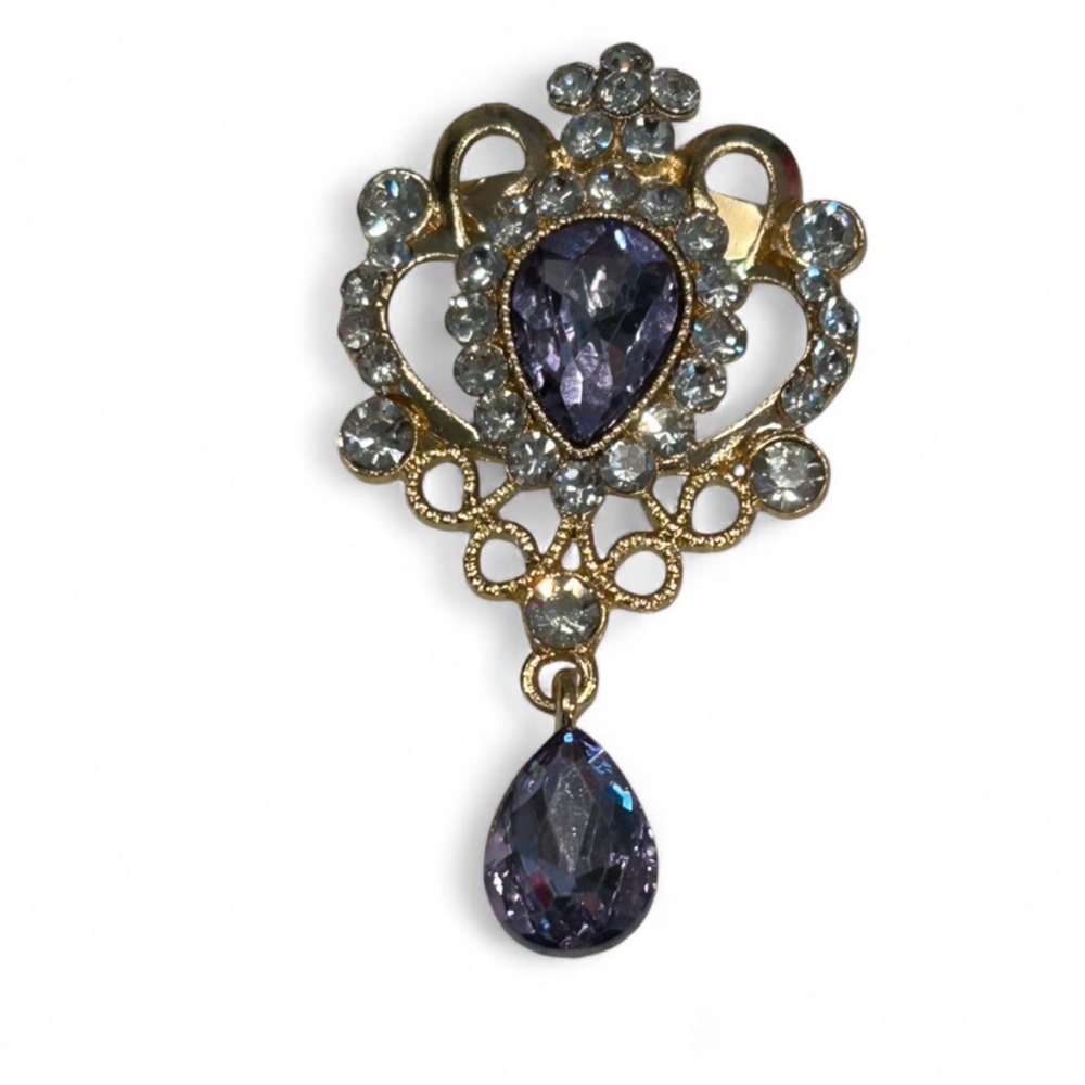 Vintage-Inspired Gold Dop Brooch with Lavender Crystal
